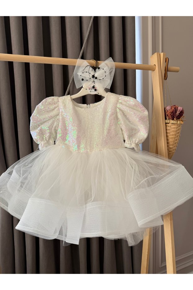 BabyAden Sequin-Embellished Tulle Puffy Birthday Party Costume Short Balloon-Sleeve Formal Girls' Dress