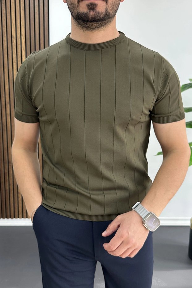 Men's Crew Neck Striped T-Shirt Khaki Edw456