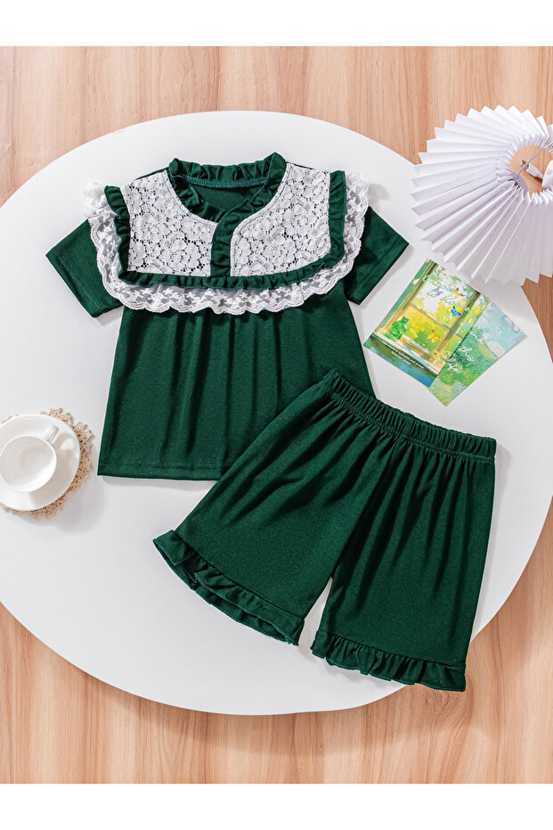 Girls Green Lace Trim Top with Shorts Pyjama Set