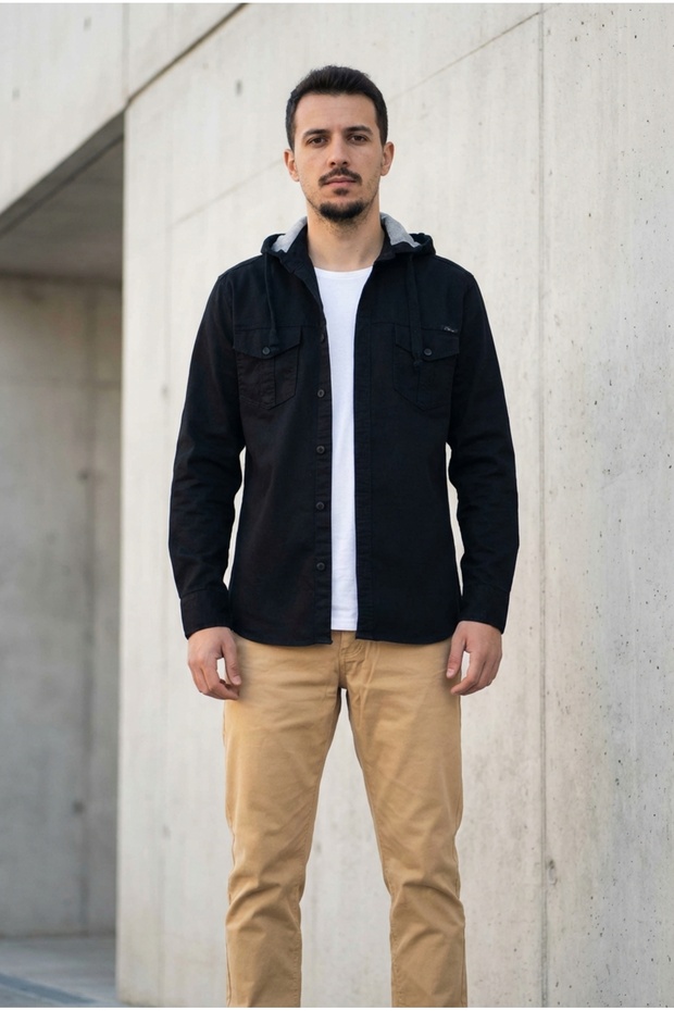 Erkek Kapüşonlu Kot Gömlek - 1