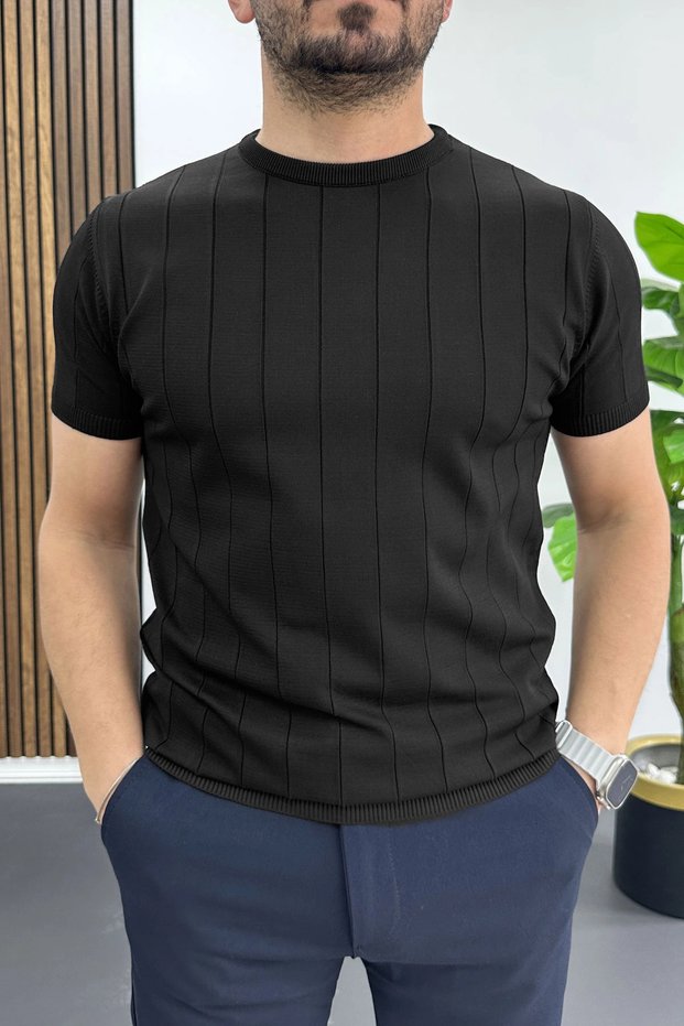 Men's Crew Neck Striped T-Shirt Black Edw456