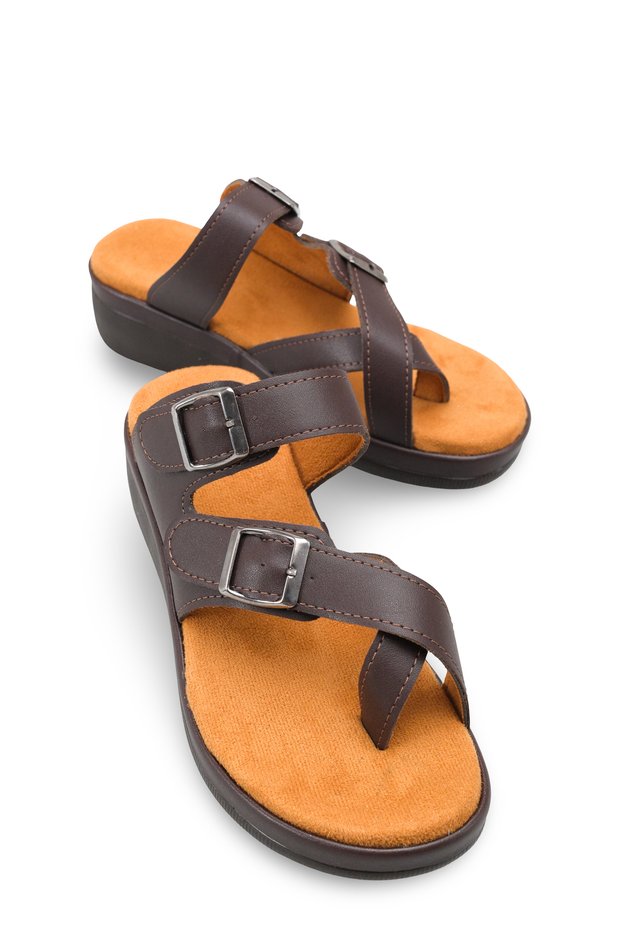 Women's Brown Orthopedic Flip-Flops with Cross Straps, Soft Soles, Anatomical Comfortable Daily Slippers