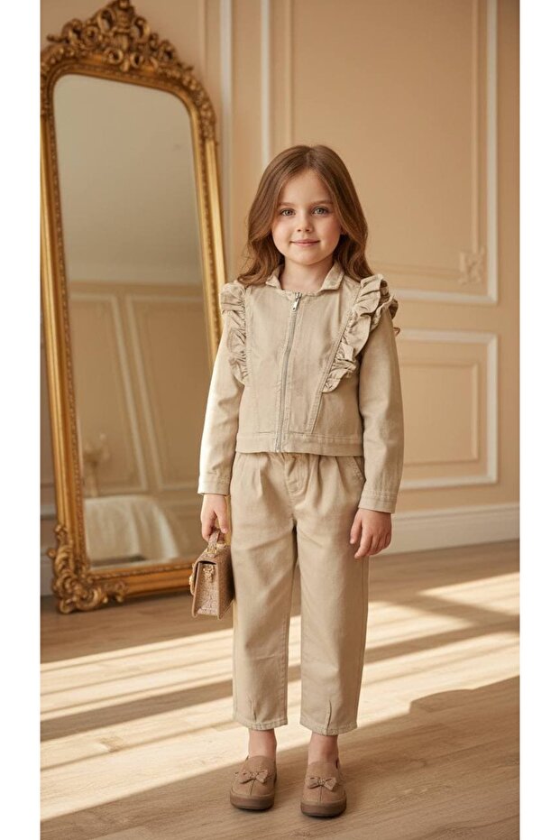 Girl's Ruffle Detailed 2-Piece Denim Set-Beige