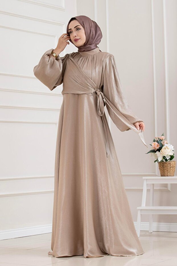 Side Tie Glittery Hijab Evening Dress-Vi̇zon