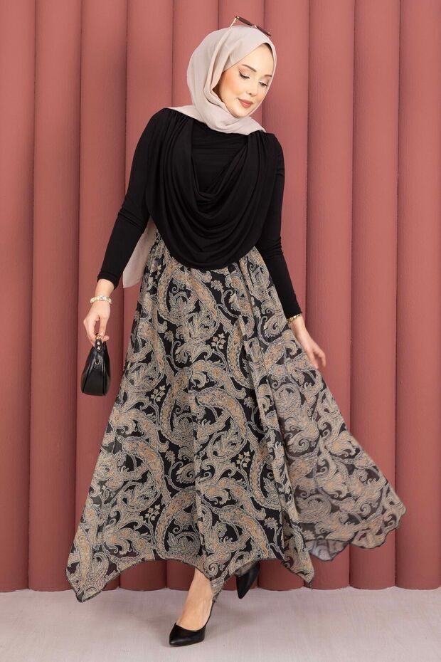 Shawl Pattern Asymmetrical Cut Chiffon Skirt Black