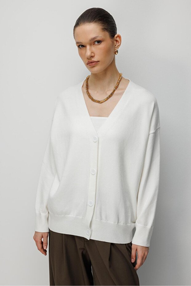 7023 Kadın Düğmeli Basic Premium Hırka Naturel - 6