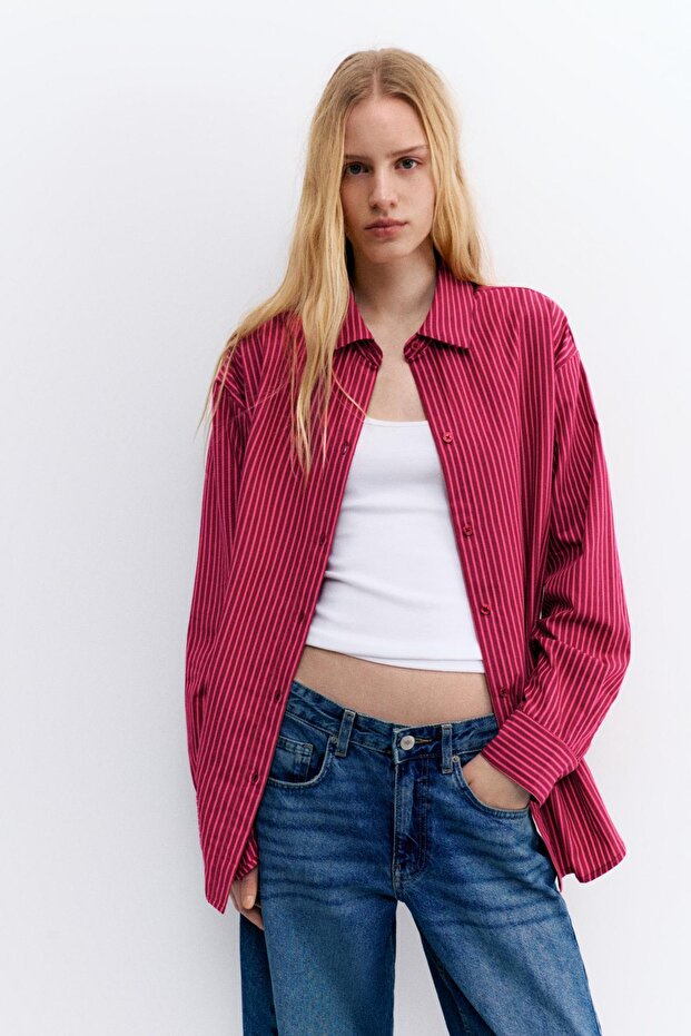 Çizgili poplin gömlek - 1