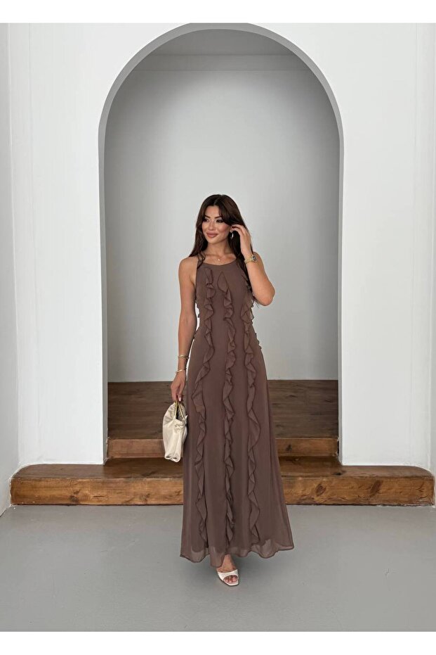 Women's Maxi Length Ruffle Detailed Multi-Sifon Dress