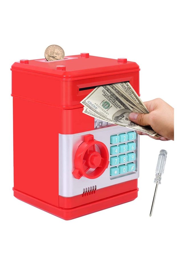 Electronic Money Bank for Kids - Password Lock, Auto Cash Scroll, ATM-Style Piggy Bank (Red)