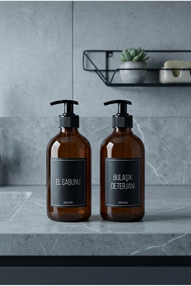 Amber Color Liquid Soap Dispenser and Dishwashing Detergent Dispenser Set with Black Label