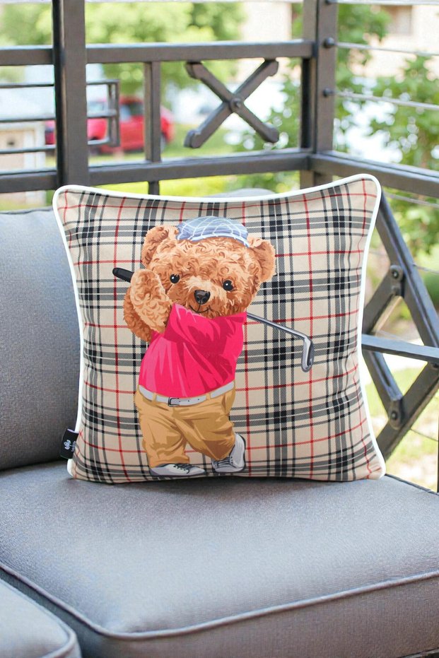 Cushion Cover 45X45 cm Teddy Bear Patterned – Babyface Fabric with White Piping and Hidden Zipper