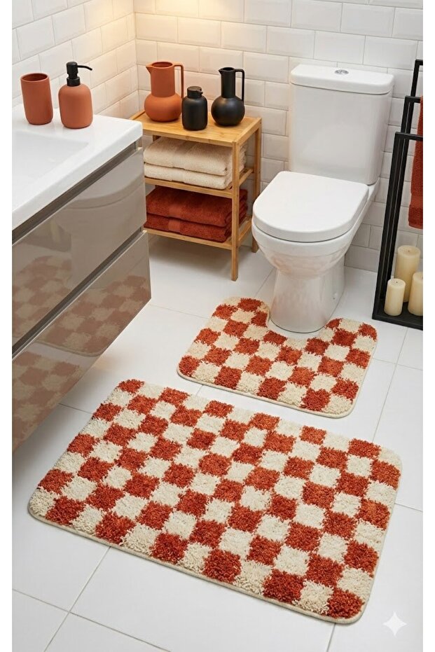 Chess Dama Patterned Latex Non-Slip Base Machine Washable 2-Piece Bohemian Bath Mat 80X50 50X40 cm