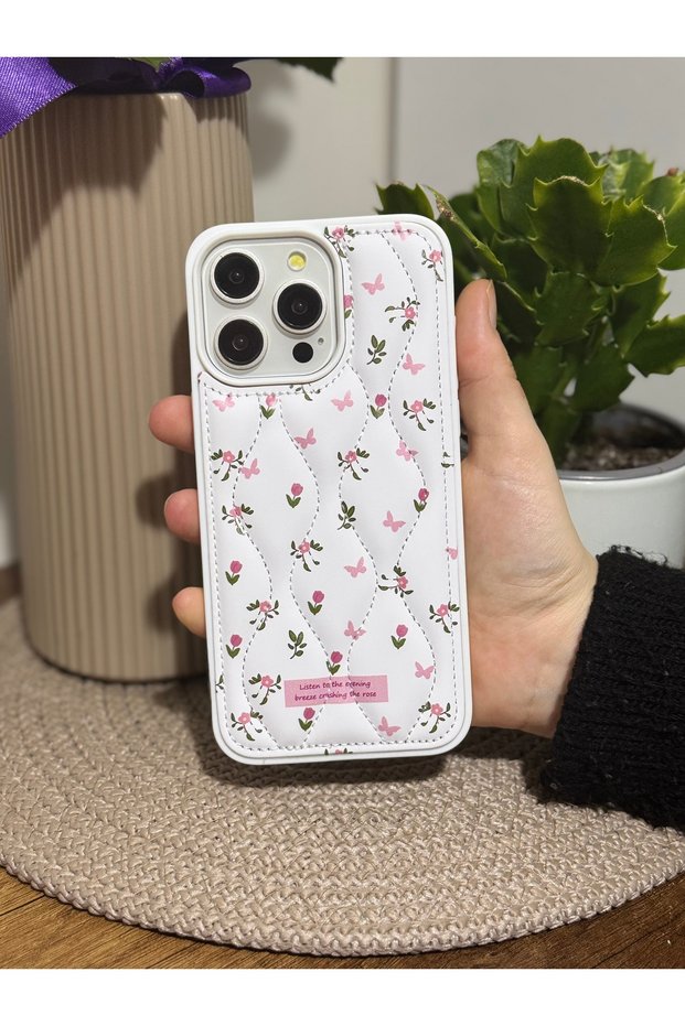 Butterfly and Floral Pattern Premium Inflatable Quilted Phone Case Compatible with iPhone 15 Pro Max