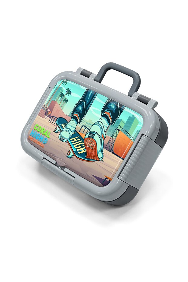 Kids Indigo Neon Orange Skateboard Patterned Stainless Steel Lunch Box 39239