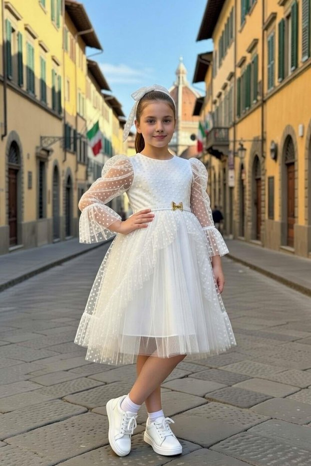 Girl's White Evening Dress with Transparent Tulle on the Sleeves and Polka Dots, Ruffle Detail at the Collar, and Tulle on the Front