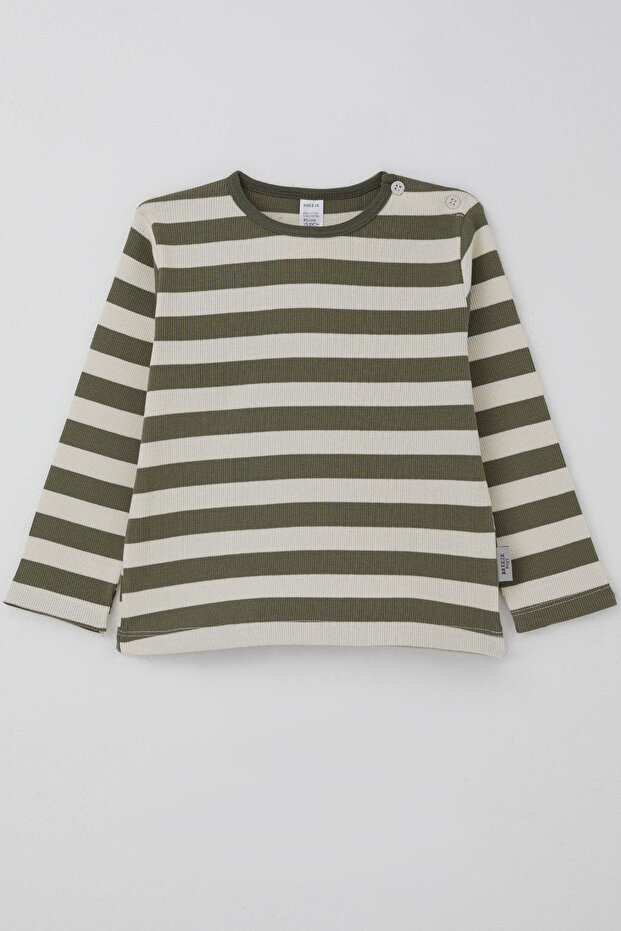 Baby Boy Long Sleeve T-Shirt with Placket Stripes 9 Months-3 Years, Khaki Green