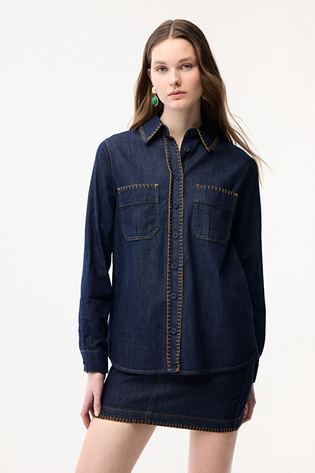 Dikiş Detaylı Denim Gömlek - 4