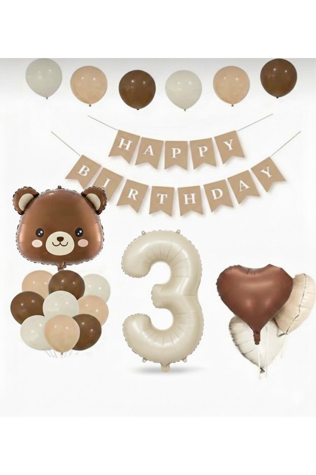 Kraft Happy Birthday Brown Bear Balloon Set with Number and Heart Balloons 16 Pieces