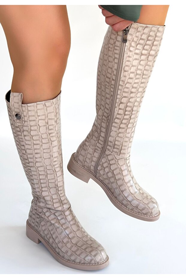 Metta Beige Leather Patterned Boots - 3
