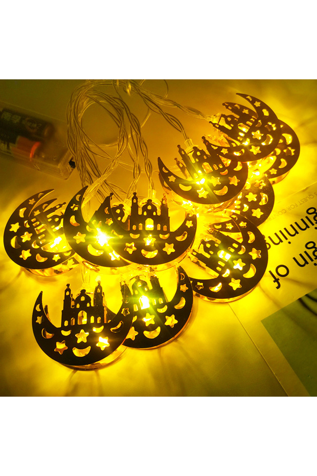 زينة رمضان وعيد الفطر - حبل إضاءة ذهبي بتصميم هلال ومسجد، بطول 2 متر (10 مصابيح)، يعمل بالبطارية