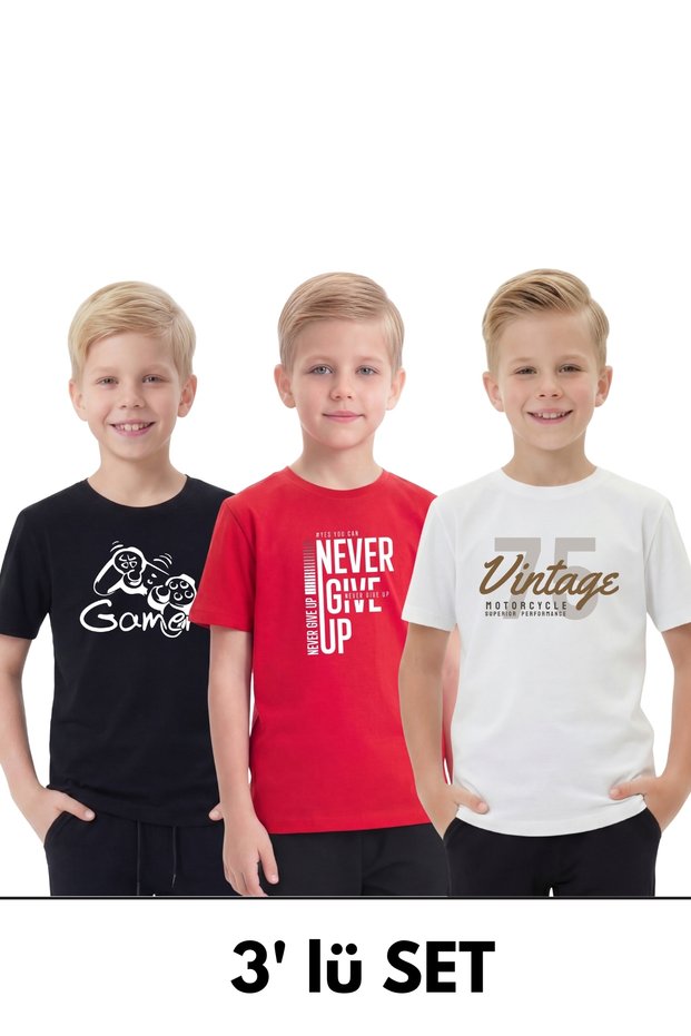 3-Piece Round Neck Basic 3-Piece Boys' T-Shirt with Print Detail