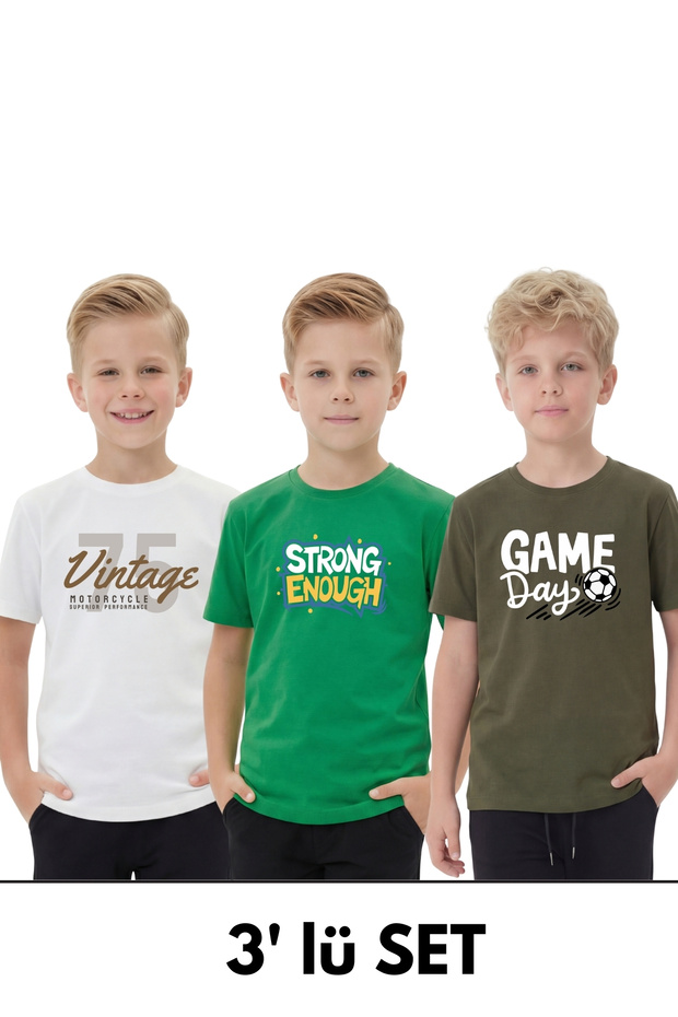 3-Piece Round Neck Basic 3-Piece Boys' T-Shirt with Print Detail