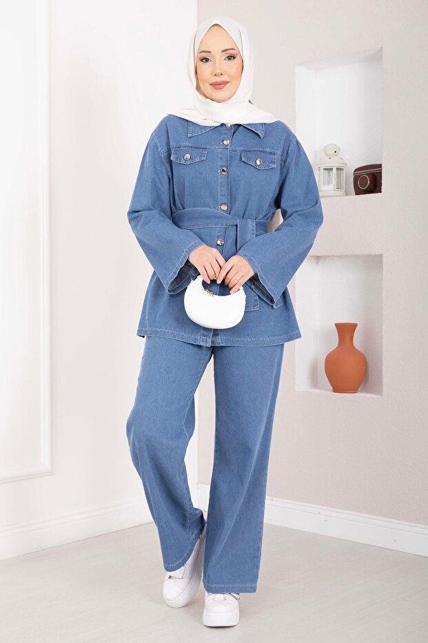 Belt Detailed Jacket Trousers Jeans Set Light Blue