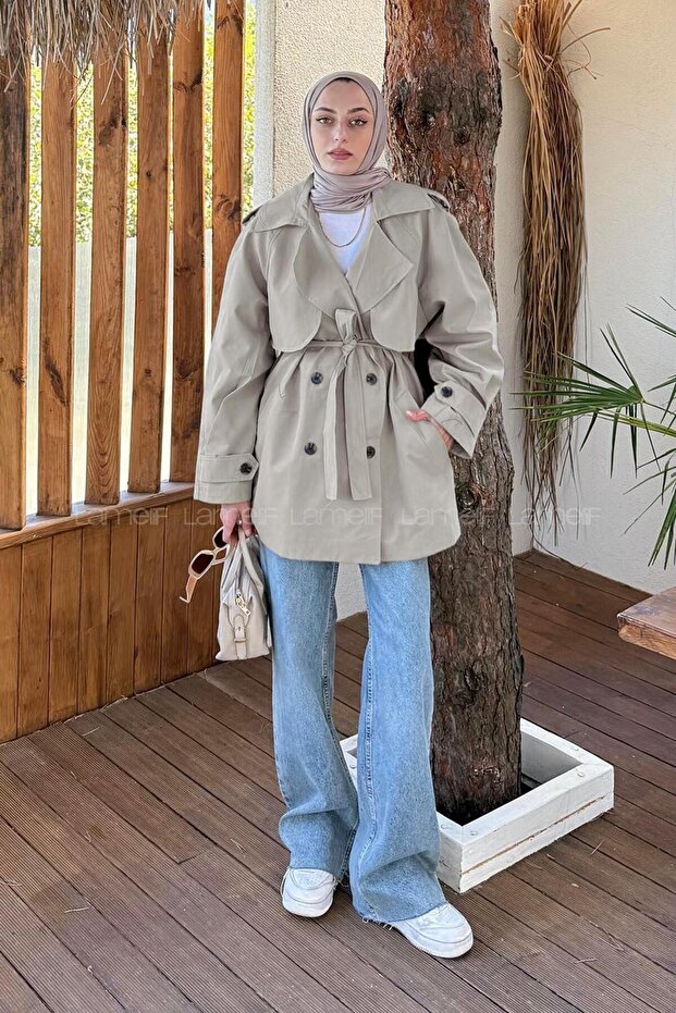 Short Trench Coat with Shoulder Epaulettes Khaki