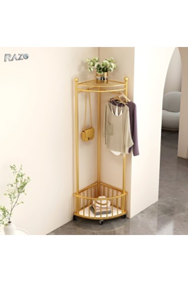 RAZO corner coat rack with wheels, Metal, Multifunctional clothes rack, 40x40x160 cm, Gold - 8