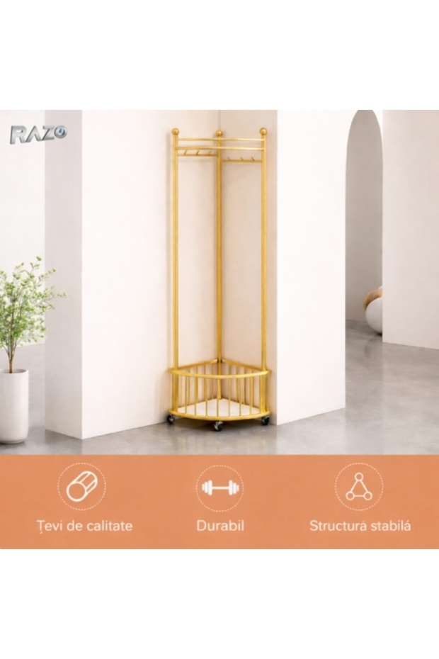 RAZO corner coat rack with wheels, Metal, Multifunctional clothes rack, 40x40x160 cm, Gold - 3