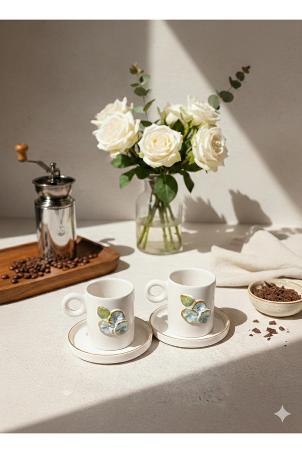 Handmade Gold Gilded Flower Design 4-Piece 2-Person Coffee Cup Set 90 Ml.