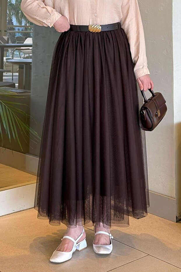 Pleated Belted Tulle Skirt Bitter Brown