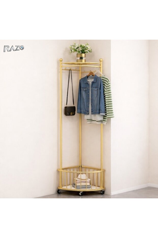 RAZO corner coat rack with wheels, Metal, Multifunctional clothes rack, 40x40x160 cm, Gold - 4