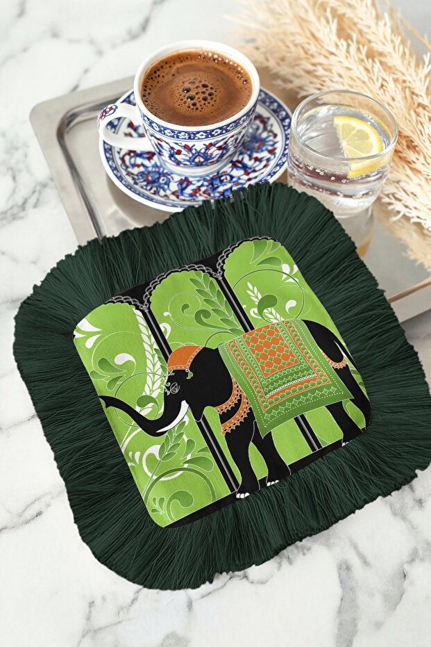 Indian Palace Motif Fringed Presentation Napkin - Exotic Elephant Themed Bohemian Green Black Coaster Tissue