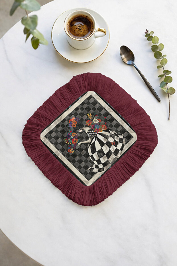 Stunning Checkerboard Figured Fringed Presentation Napkin - Artistic Bohemian Anthracite Burgundy Coaster Tissue