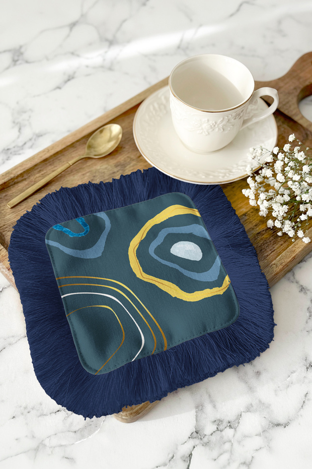 Elegant Geometric Fringed Presentation Napkin - Abstract Modern Navy Blue Gold Color Coaster Tissue