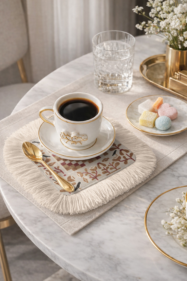 Elegant Square Motif Fringed Coffee Side Serving Napkin - Rustic Spring Themed Beige Cream Presentation Napkin
