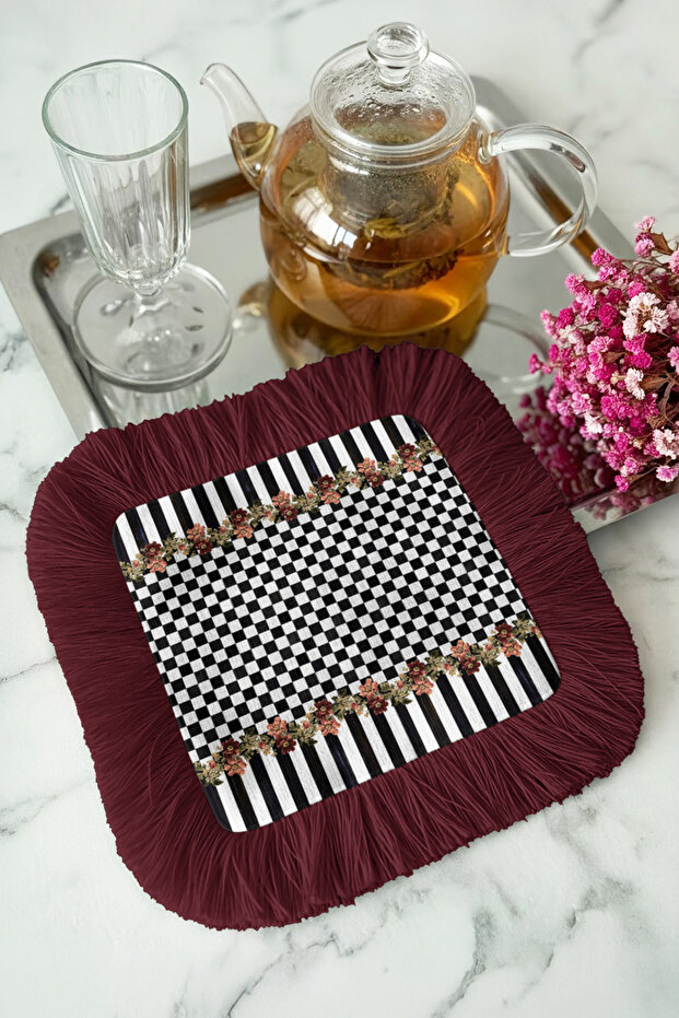 Luxurious Floral Fringed Decorative Fabric Napkin - Eclectic Black and White Burgundy Coaster Tissue