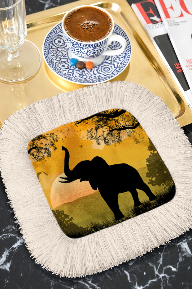 African Safari Silhouette Tasseled Presentation Napkin - Elephant and Sunset Bohemian Yellow Coaster Napkin