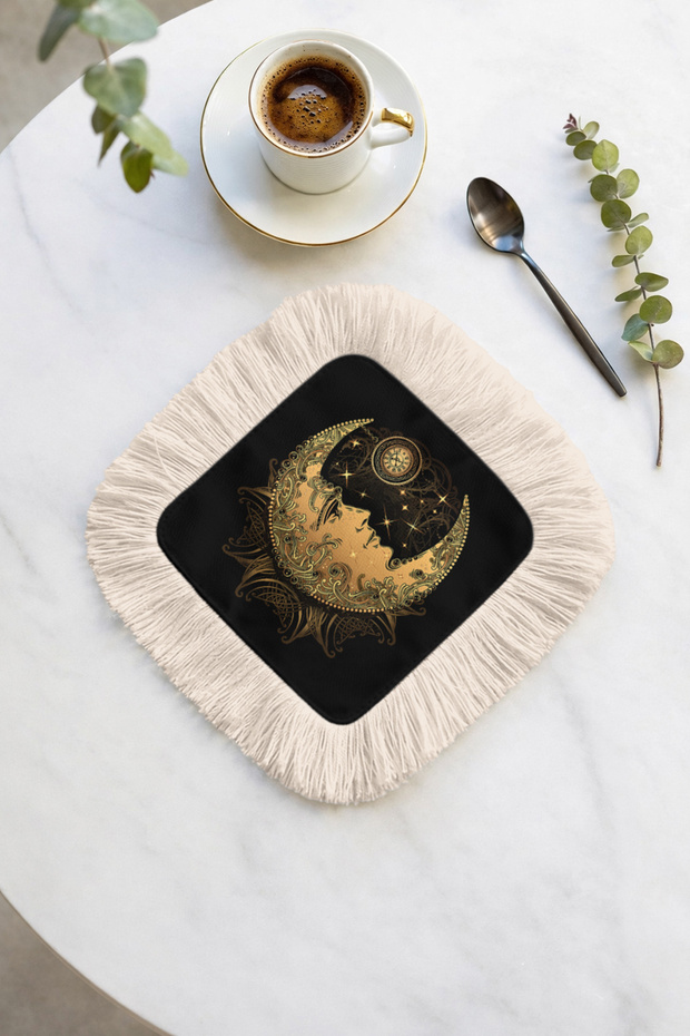 Luxurious Moon Face Motif Fringed Presentation Napkin - Mystical Night Bohemian Black Coaster Tissue