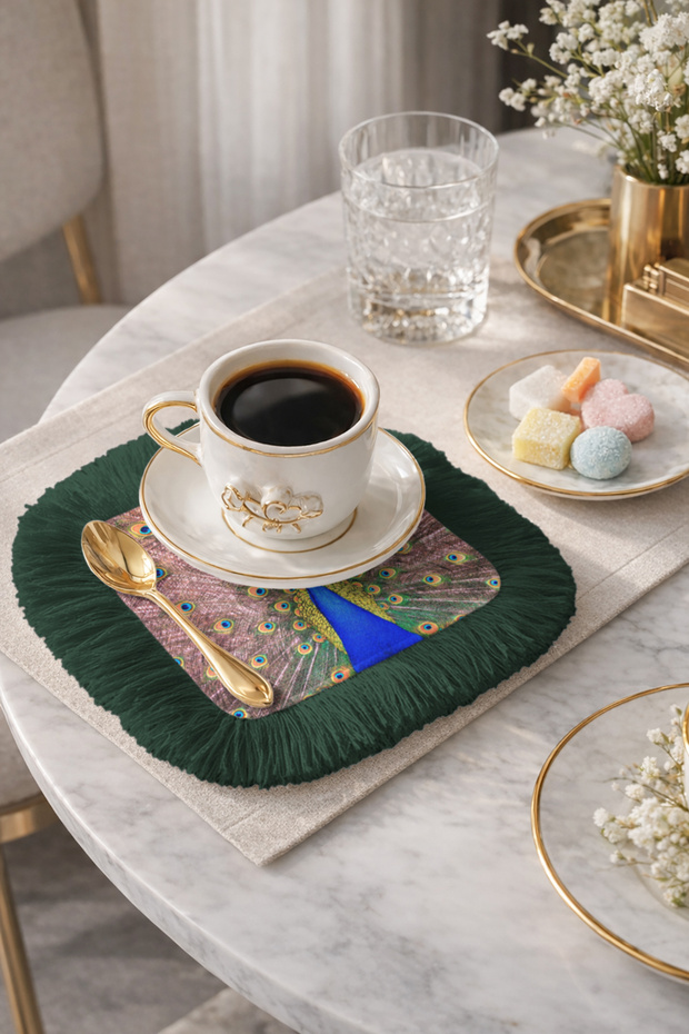 Elegant Eye-Catching Peacock Fringed Presentation Napkin - Stylish Bohemian Natural Green Coaster Serving Napkin