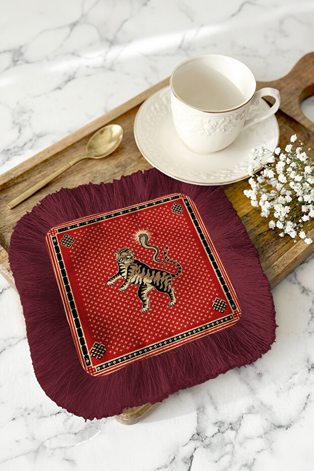 Luxurious Tiger Figured Fringed Presentation Napkin - Asian-Inspired Bohemian Red Coaster Tissue