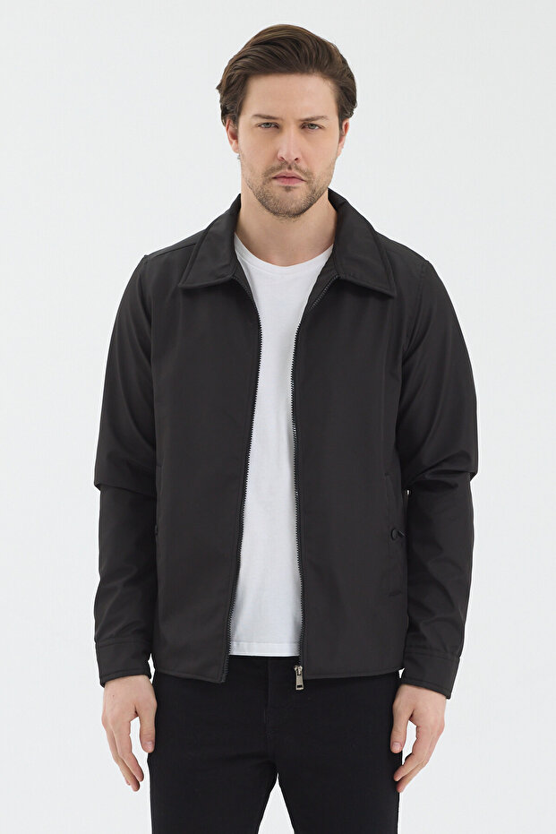 Men's Black Polo Collar Basic Zippered Seasonal Jacket