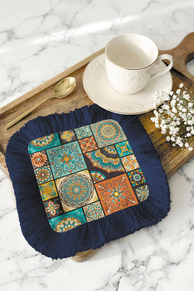 Ethnic Motif Fringed Coffee Serving Napkin - Colorful Bohemian Dark Blue Coaster Presentation Handkerchief