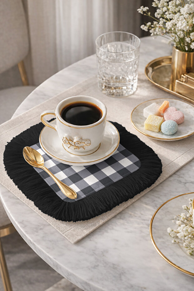 Luxury Plaid Fringed Decorative Fabric Napkin - Monochrome Modern Black and White Coaster Tissue