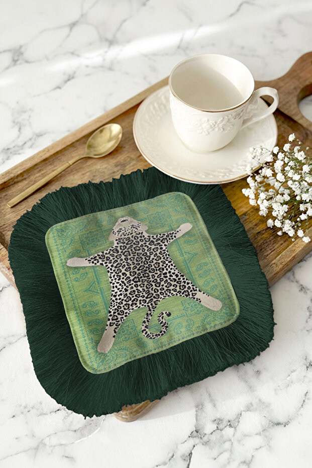Leopard Figured Fringed Presentation Napkin - Wild Nature Bohemian Green Coaster Presentation Napkin