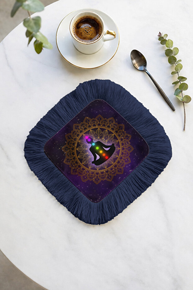 Mandala Fringed Presentation Napkin - Meditation Themed Bohemian Purple Navy Blue Coaster Napkin