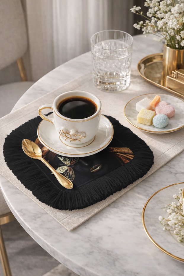 Eye-Catching Artistic Fringed Presentation Decoration Handkerchief-Luxury Bohemian Gold-Color Black Coffee Side Napkin