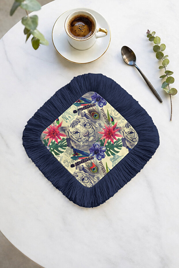 Exotic Tiger Flower Motif Tasseled Presentation Napkin - Tropical Bohemian Navy Blue Coaster Tissue