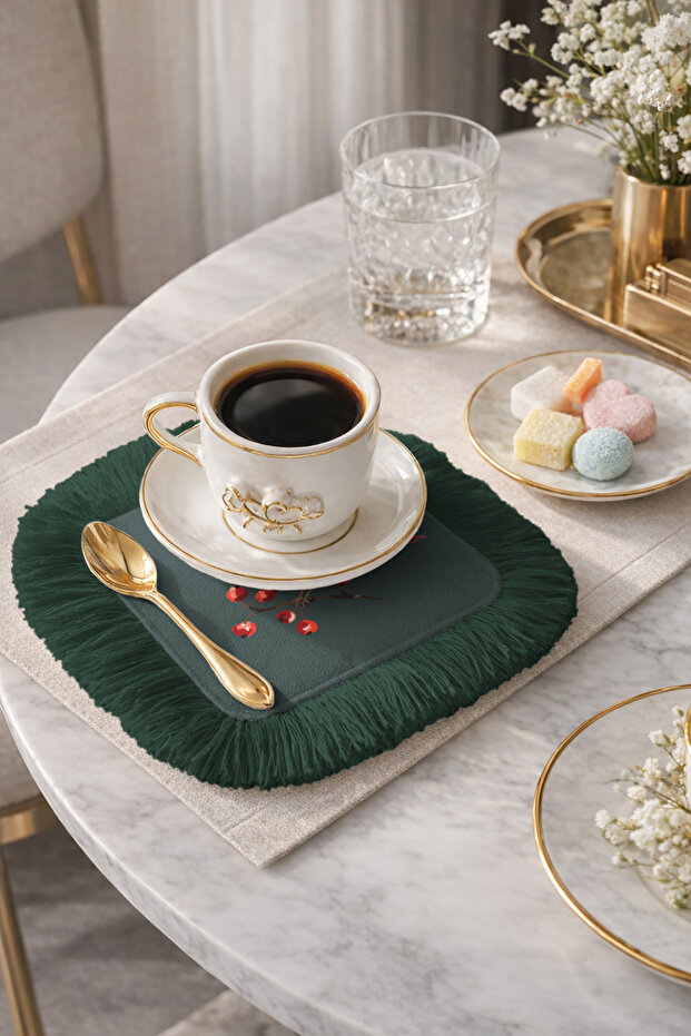Fringed Presentation Napkin with Cardinal Bird Figure - Dark Green Coaster Tissue with Red Bird Motif